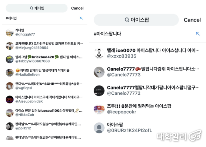 SNS 검색창에 마약류의 이름이나 은어를 검색하면 당장이라도 마약을 구할 수 있다. / 출처: 기하늘 기자