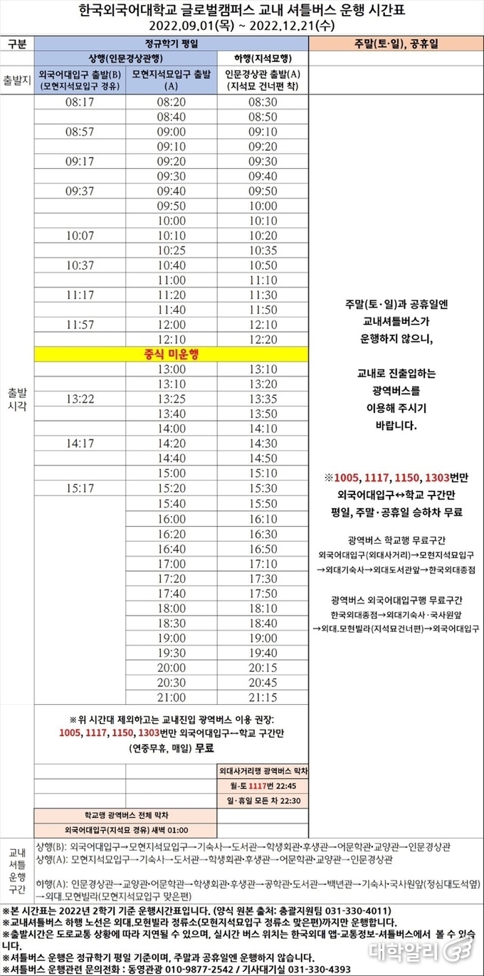 코로나19가 완화된 2022년도 2학기 교내 셔틀버스 시간표/출처=에브리타임
