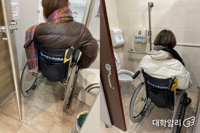 휠체어가 화장실에 진입하기조차 어려운 인문과학관(왼)과 국제학사(오) 여자 장애인 화장실 / 사진 = 기하늘 기자