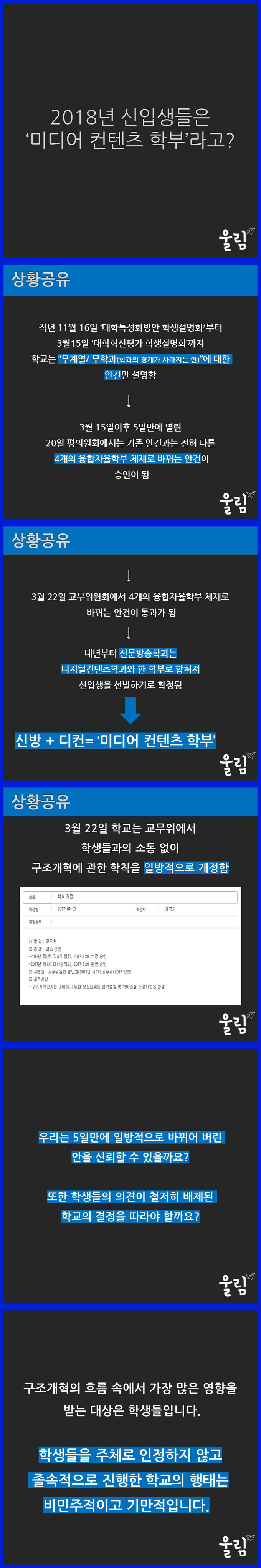 성공회대학교 신문방송학과 제20대 집행부 '울림'은 카드뉴스를 공유하며 학생들의 구조개혁 비판 문화제 참여를 독려했다. 위 이미지는 해당 카드 뉴스 내용 중 일부를 담고 있다. <strong>성공회대학교 신문방송학과 제20대 집행부 '울림' 페이스북</strong>