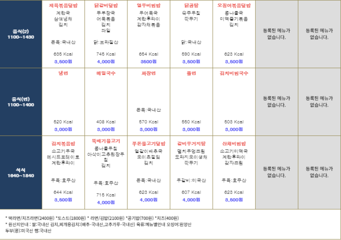 한국외국어대학교 학생식당 식단표. 하단에 ‘영양사와 알레르기 상담이 가능하다’는 문구가 없다. (출처=한국외국어대학교)