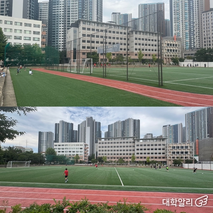 인조잔디 운동장을 이용하는 지역 주민들의 모습 (사진=조경식 기자)