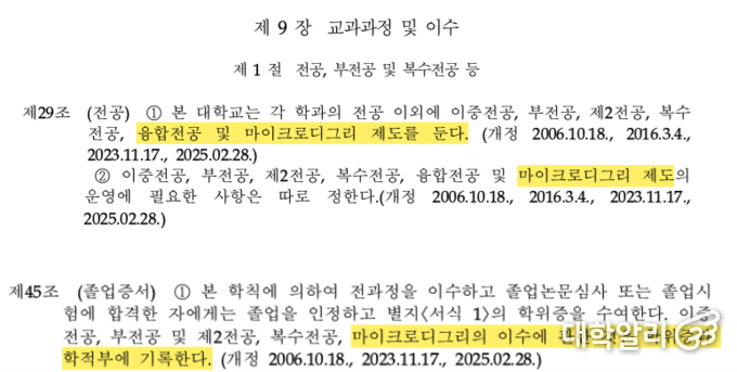 지난 2월 공포된 개정 학칙. 규정에 반영된 ‘마이크로디그리 제도’가 눈에 띈다. (사진=한국외대 홈페이지 공지사항)