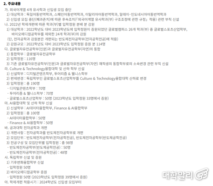 2023년 4월 28일 공포된 학칙 개정안 주요 내용 (사진=한국외대 홈페이지)