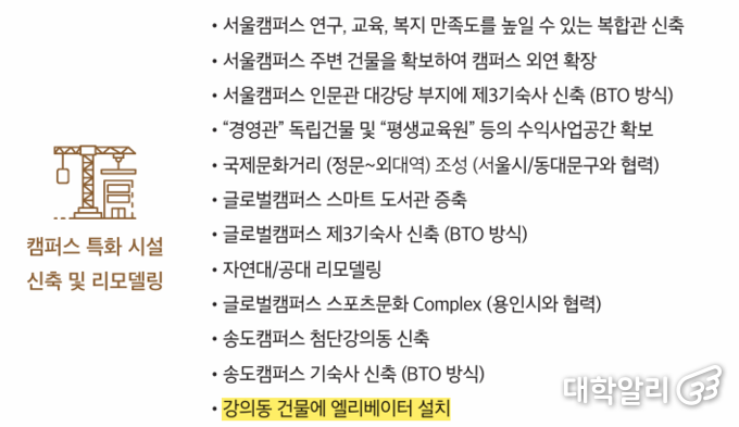 박정운 총장 후보 당시 공약집. 시설 부분이다. (사진=한국외대 제12대 총장선거 박정운 후보 공약집)