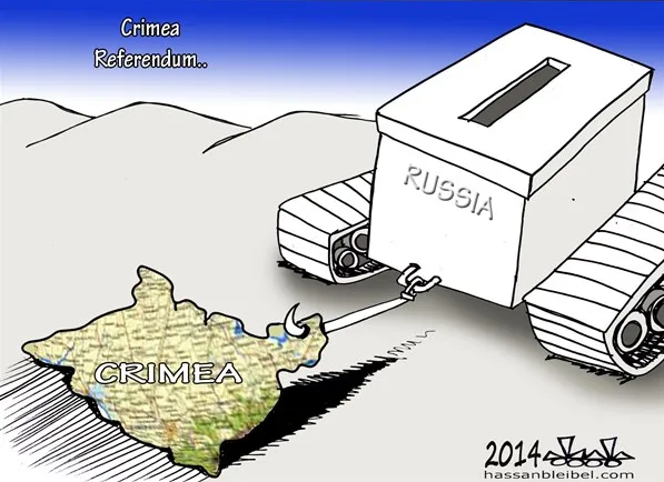 Cartoon satirizing the sham referendum during Russia’s 2014 annexation of Crimea, depicting a ballot box fused with a tank. (Image from hassanbleibel.com)